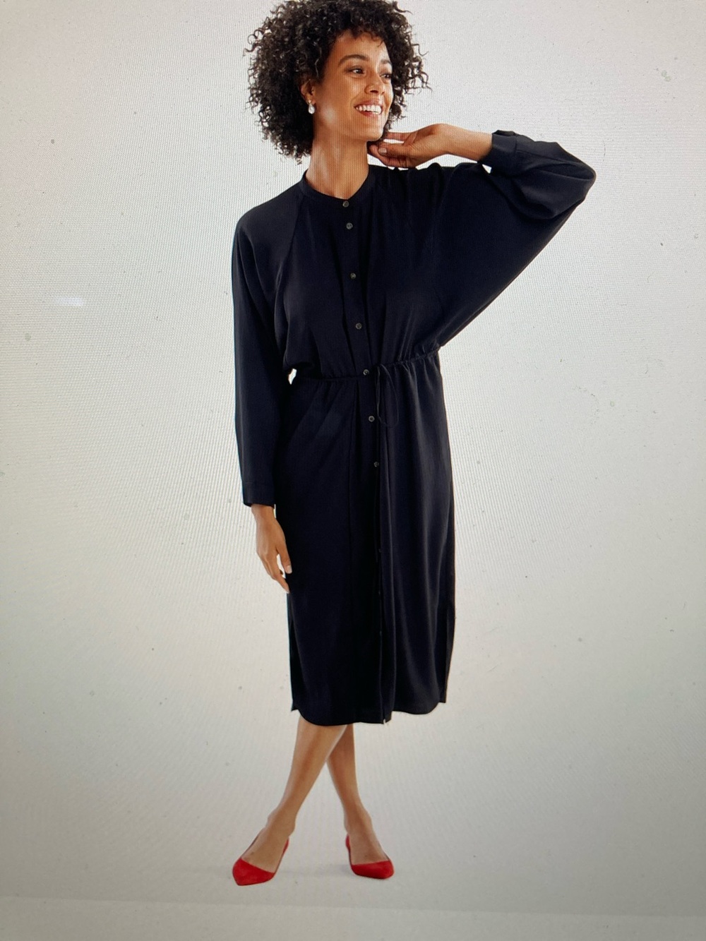 MM Lafleur Maya Black Button-Front Midi Dress with Cinched Waist